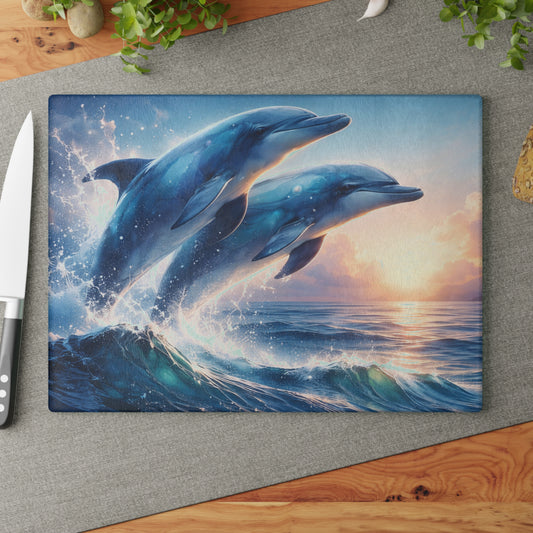 Dolphin Duo Glass Cutting Board – Ocean-Inspired Artwork of Two Playful Dolphins