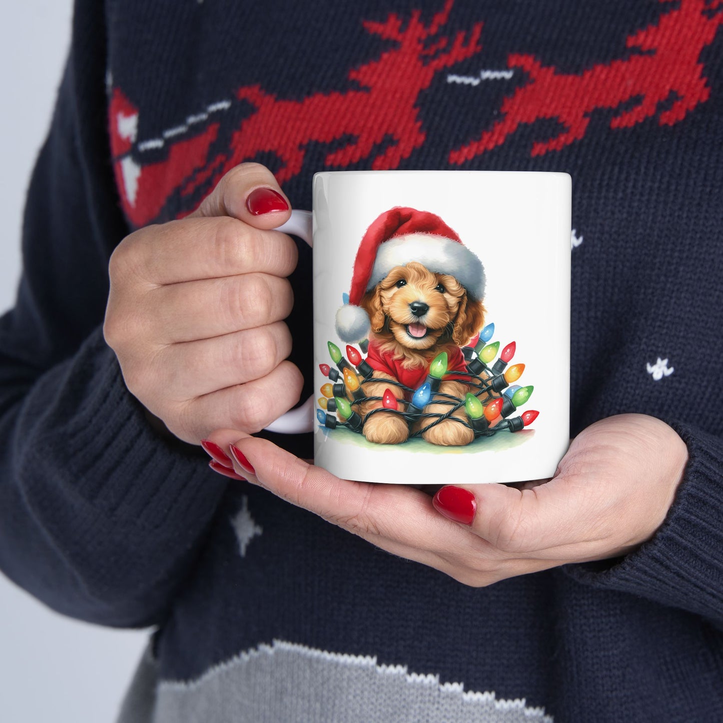 🎄 Doodle Christmas Lights Mug – Holiday Cheer with a Fluffy Twist! ☕🐶