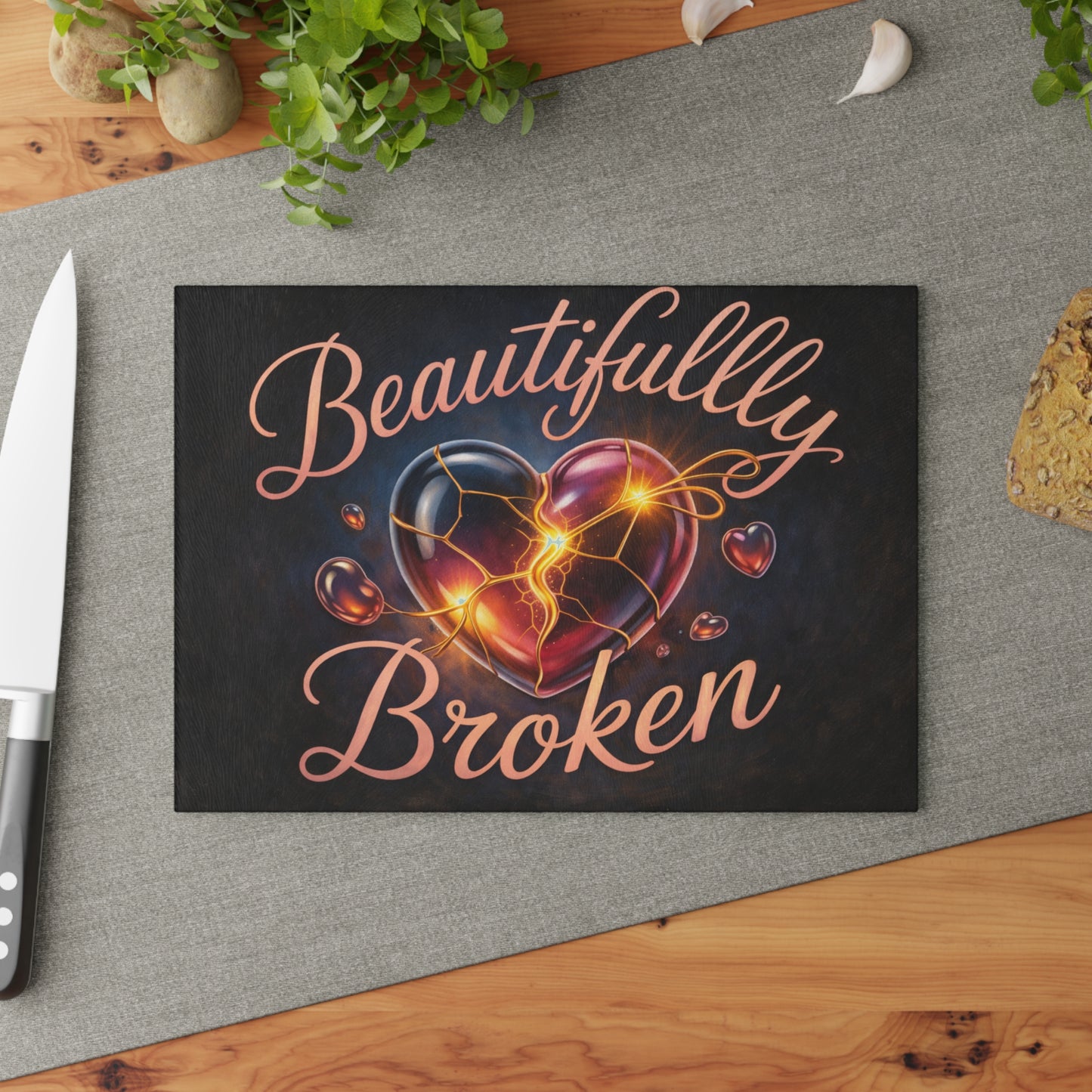 Golden Heart Resilience Glass Cutting Board – Kintsugi-Inspired Love & Strength Kitchen Decor