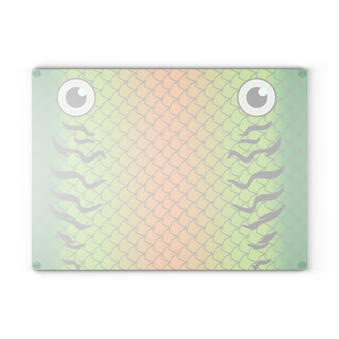 Green & Gold Fish Face Glass Cutting Board – Bold Coastal Artwork with Playful Scales