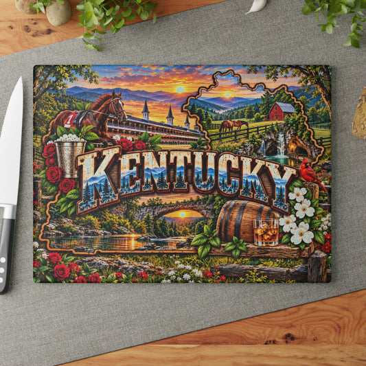 Kentucky Scenic Glass Cutting Board – Horse Racing, Bourbon Barrel, Red Cardinal & Bluegrass Country Décor