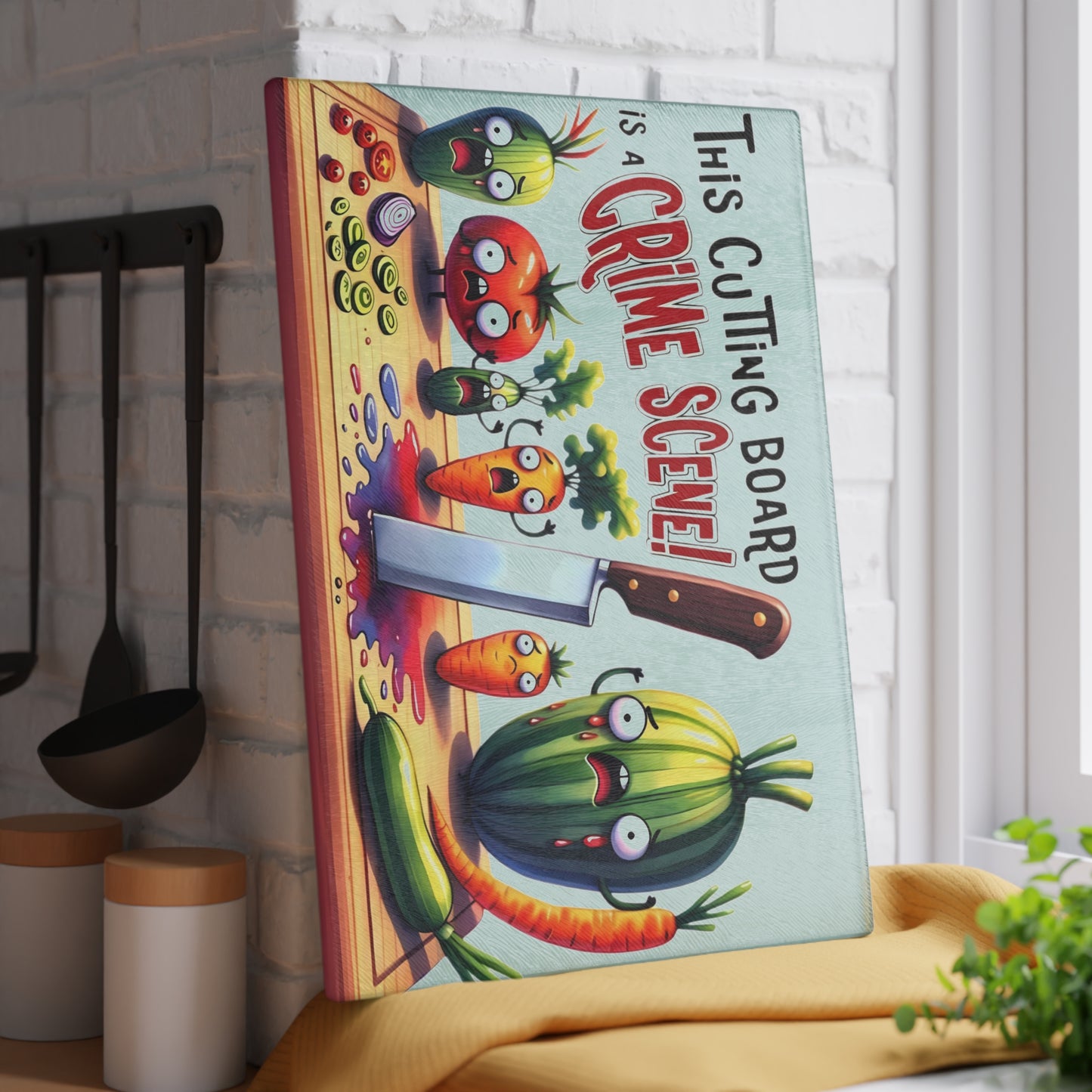 Tabla de cortar de vidrio para escena del crimen en la cocina: ¡Vegetales gritones y estilo asesino!