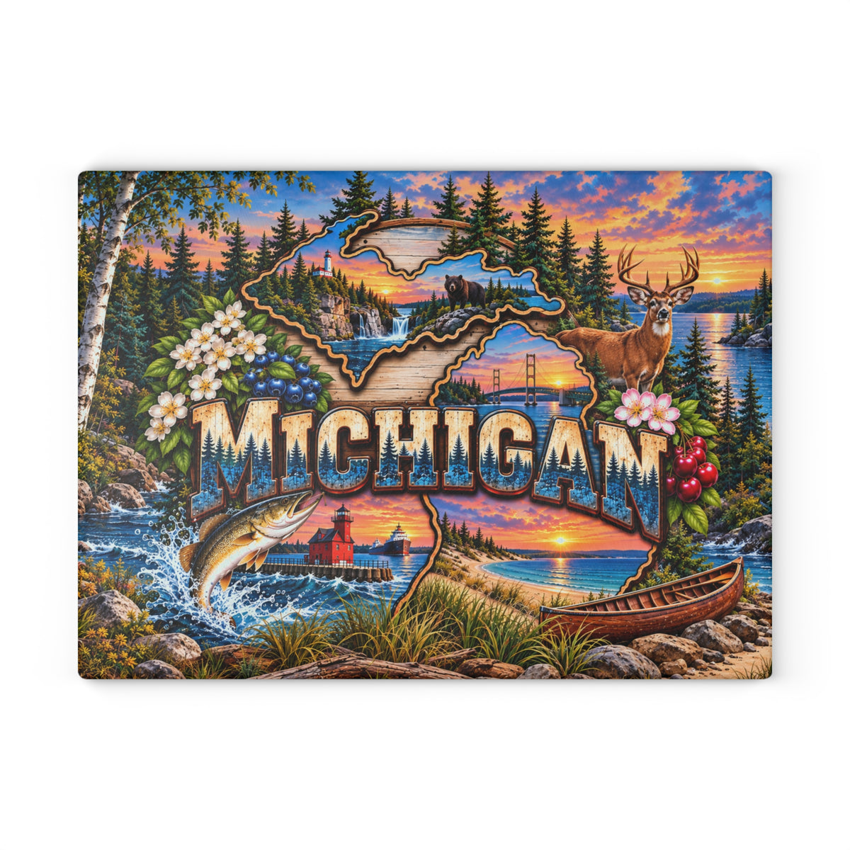 Michigan Scenic Glass Cutting Board – Great Lakes, Lighthouse, Deer, Black Bear & Michigan State Décor