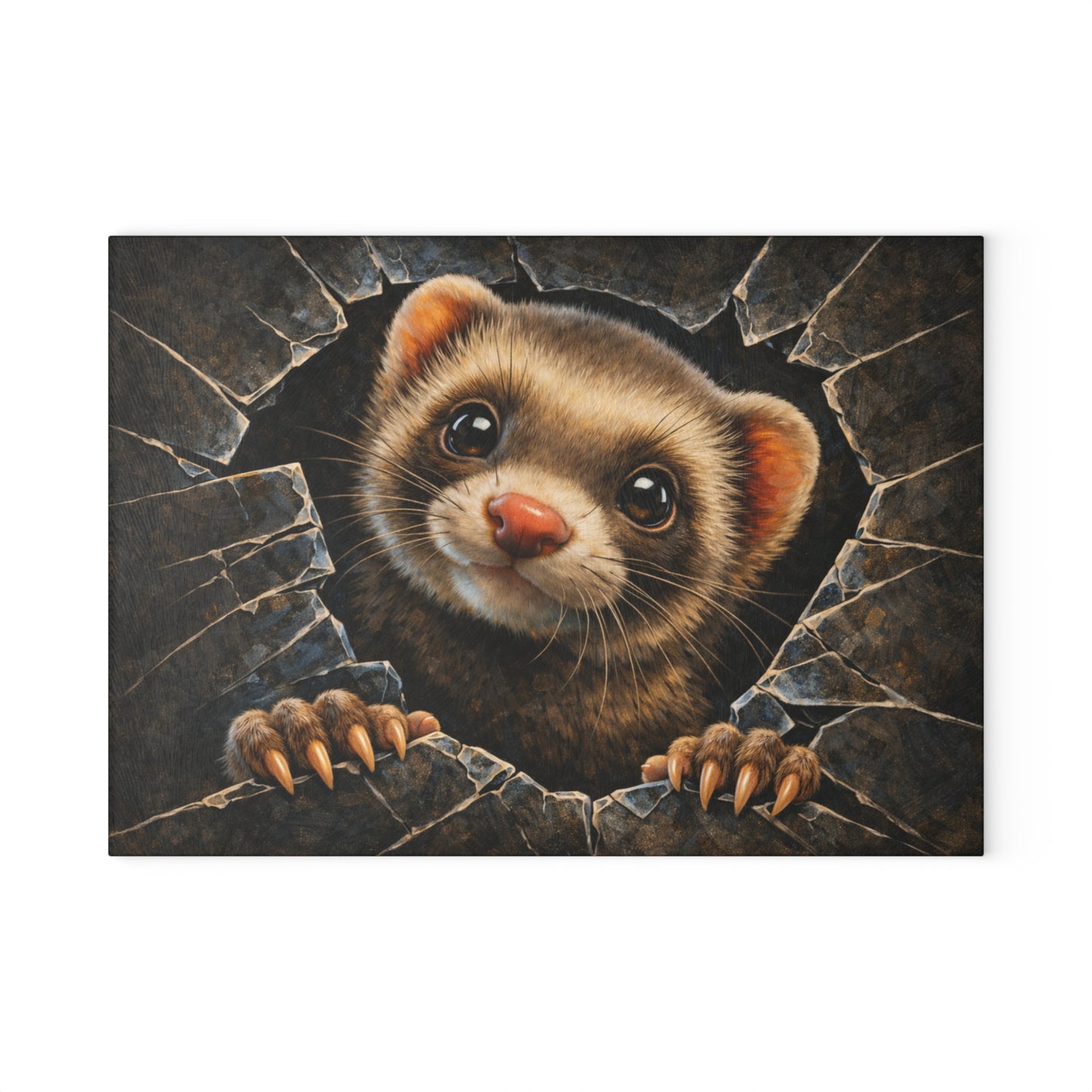 Ferret Breaking Through Wall Glass Cutting Board – Playful Wildlife Peek Artwork