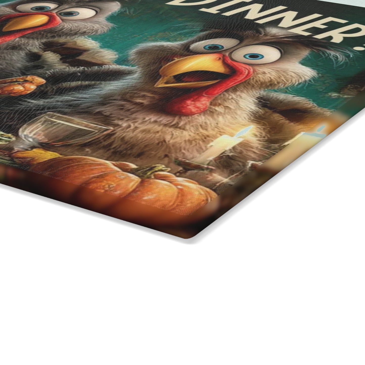 🦃🥔 “Dinner Time Surprise” Glass Cutting Board – Playful Rustic Kitchen Décor