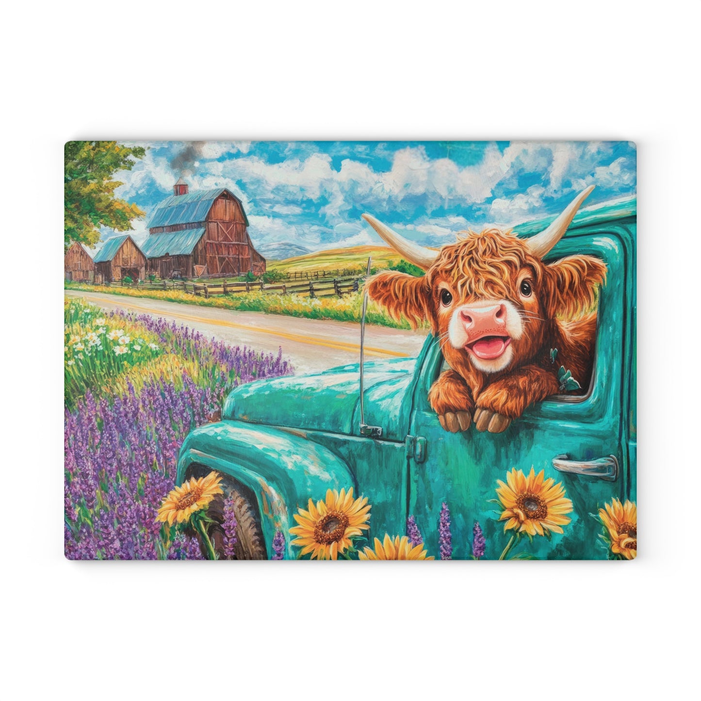 🚜🌻 Baby Highland Cow in Old Truck Glass Cutting Board – Rustic Farm Charm with Sunflowers & Barn 🌼