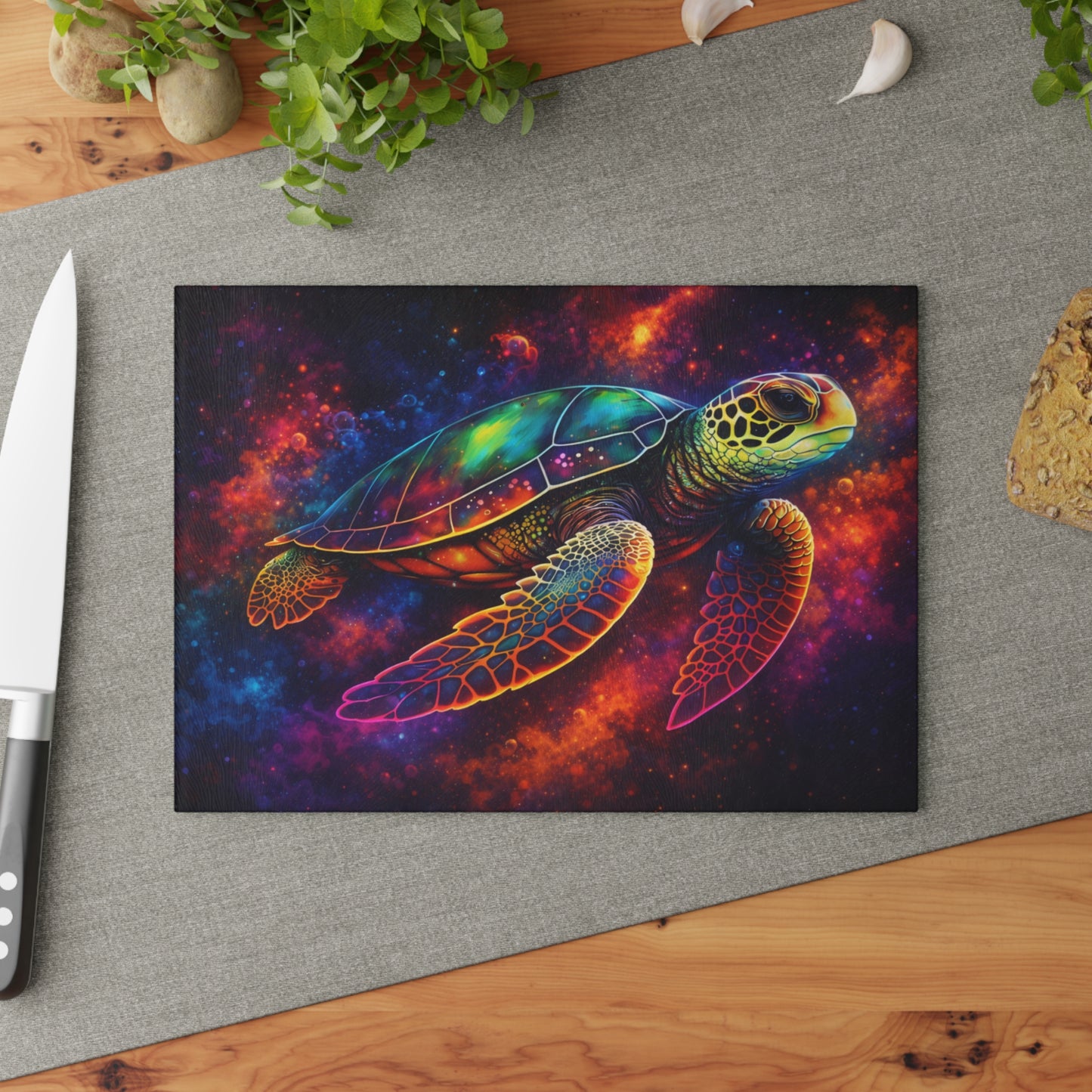 Cosmic Journey Glass Cutting Board – Vibrant Space Turtle Artwork