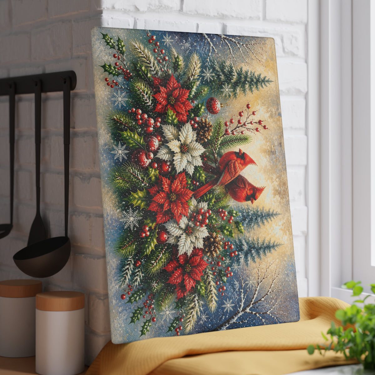 Christmas Cardinals & Poinsettias Glass Cutting Board – Winter Holiday Kitchen Decor