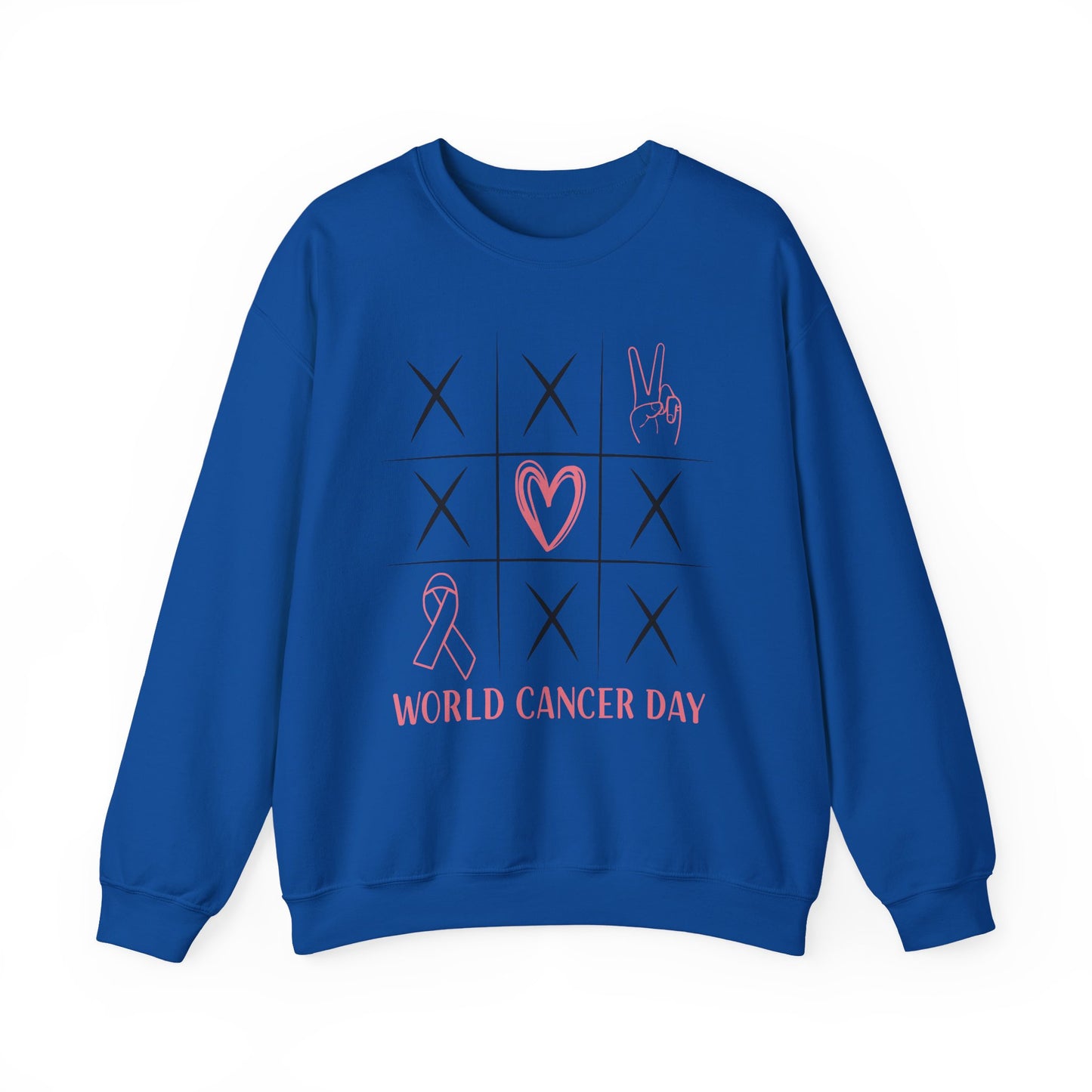 🌍🎗️ World Cancer Day Sweatshirt – Awareness Tic-Tac-Toe Heart & Ribbon
