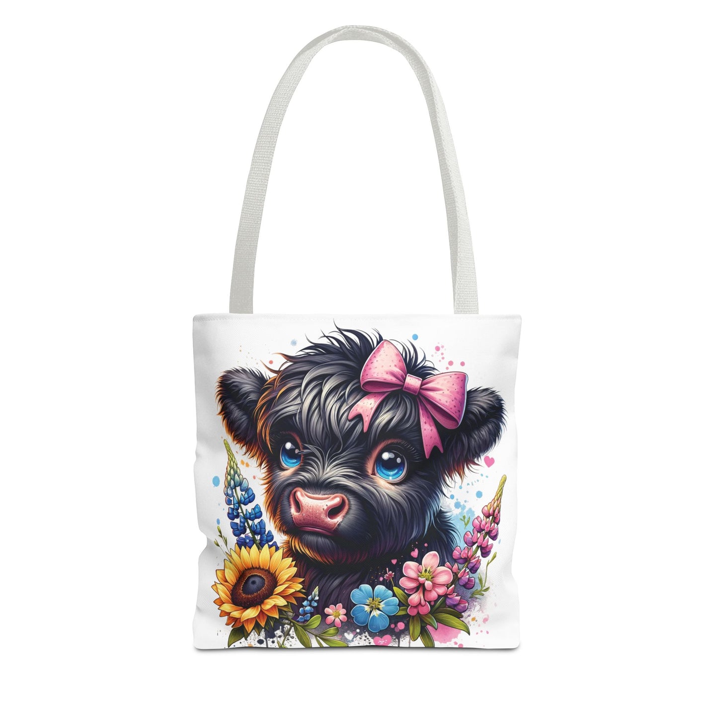 🌸 Black Highland Calf Floral Tote Bag – Sweet Style for Every Age 🐮👜