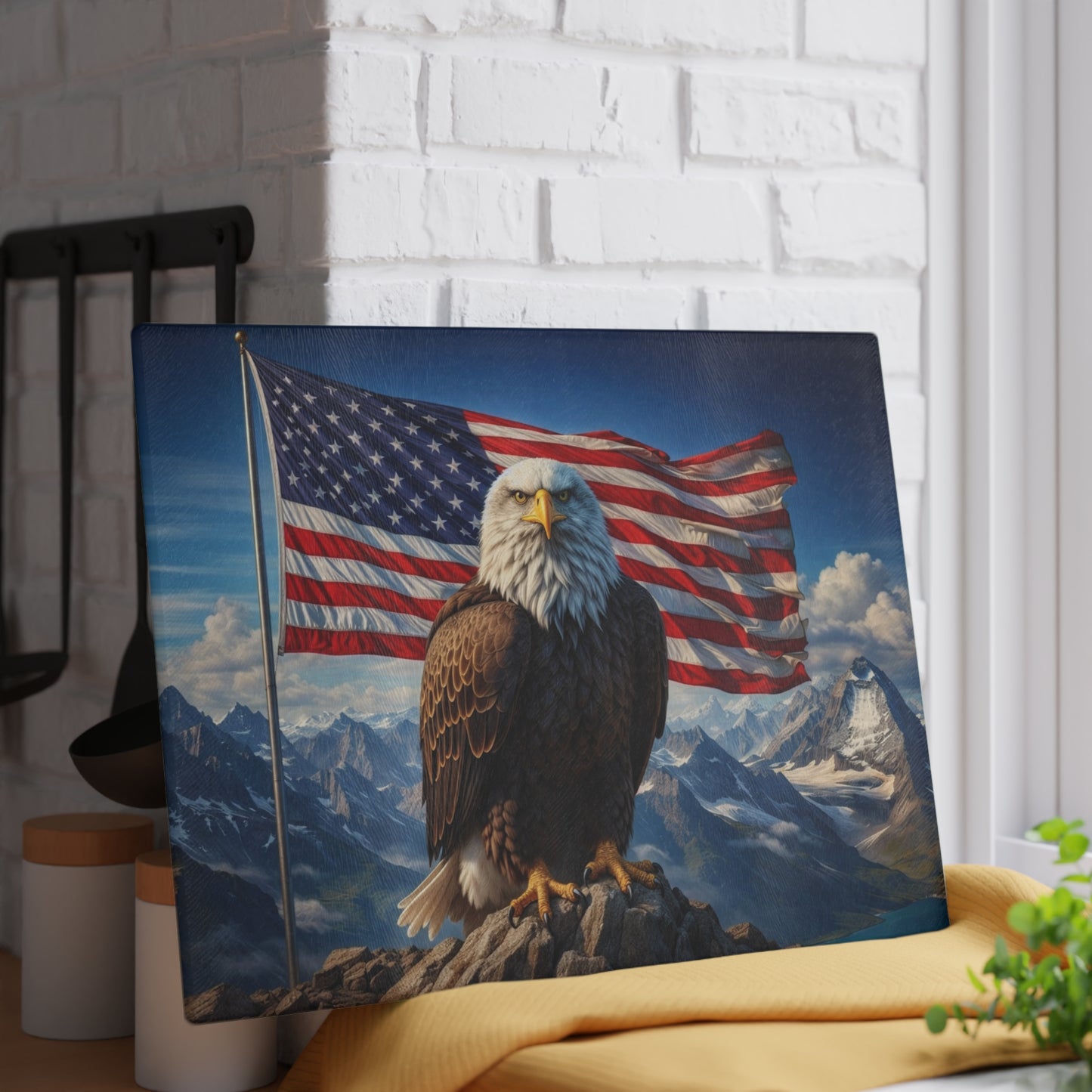 American Eagle Mountain Glass Cutting Board – Patriotic Bald Eagle Landscape Kitchen Art & Display Board