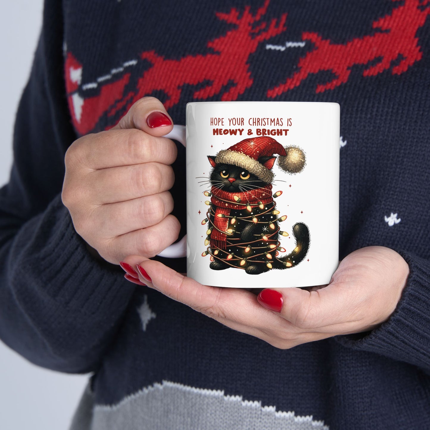 🐾🎄 Meowy & Bright Cat Christmas Mug – Festive Black Cat with Lights & Sass 🎅✨
