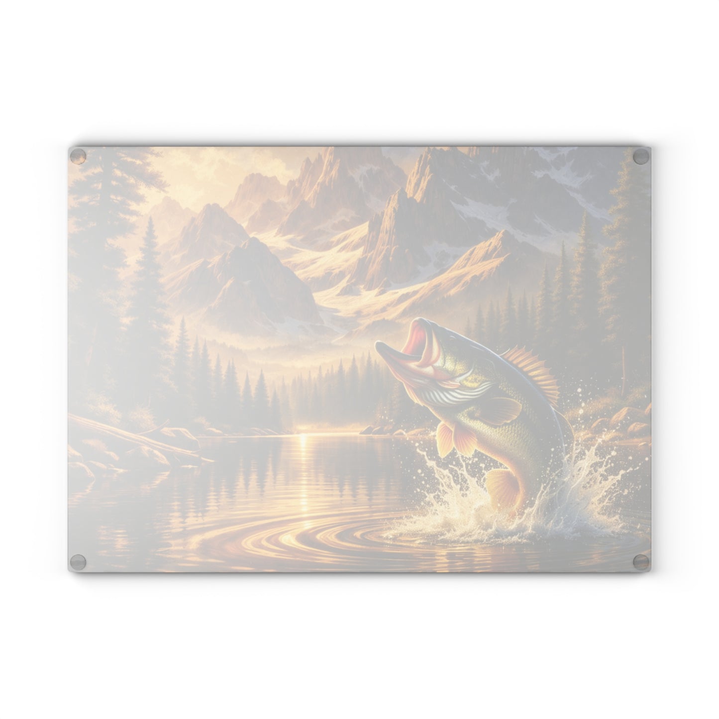 Golden Mountain Bass Glass Cutting Board – Rustic Fishing Lake Landscape Kitchen Art