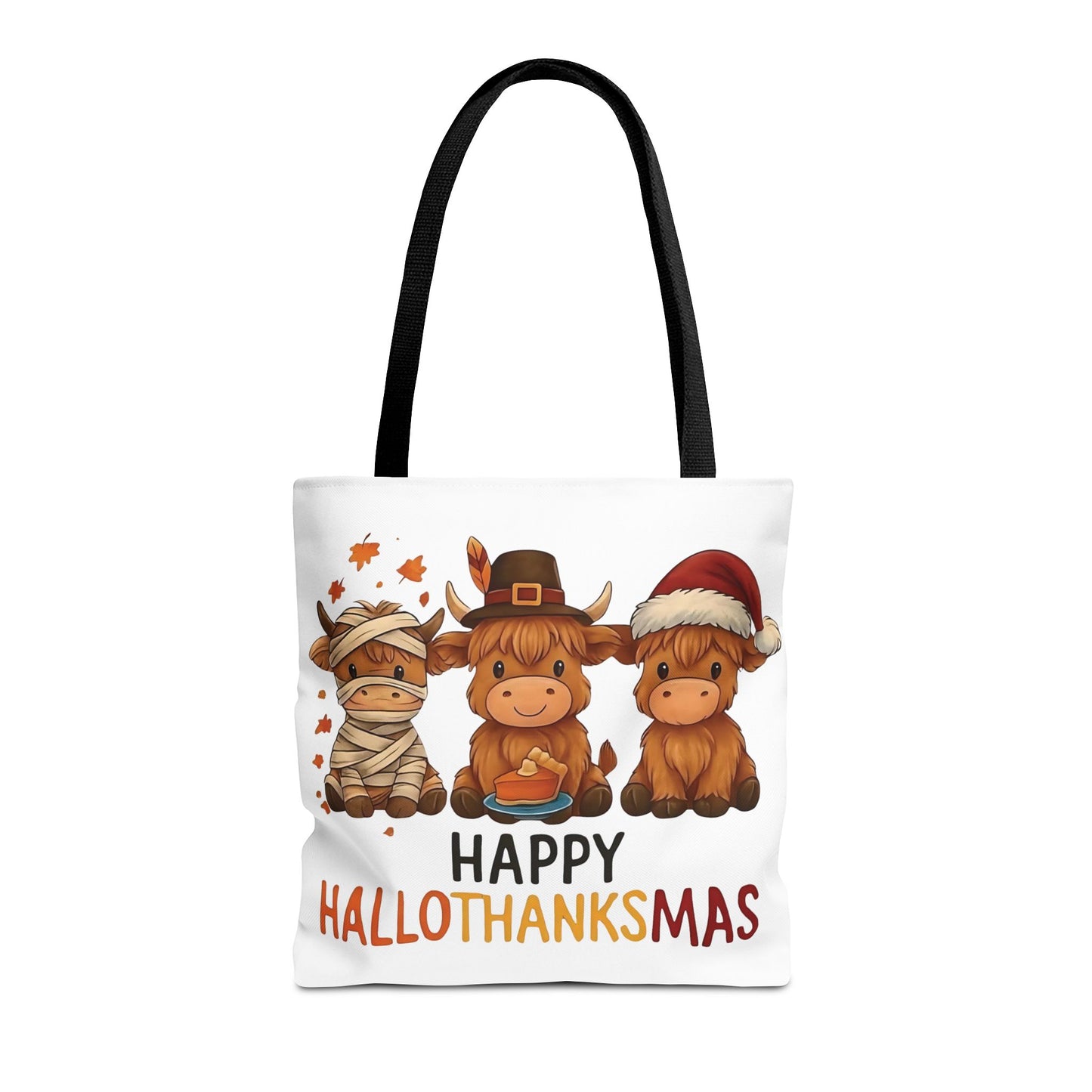 🐮 Happy Hallothanksmas Highland Cow Tote Bag – Holiday Fun All Season 🎃🦃🎄👜