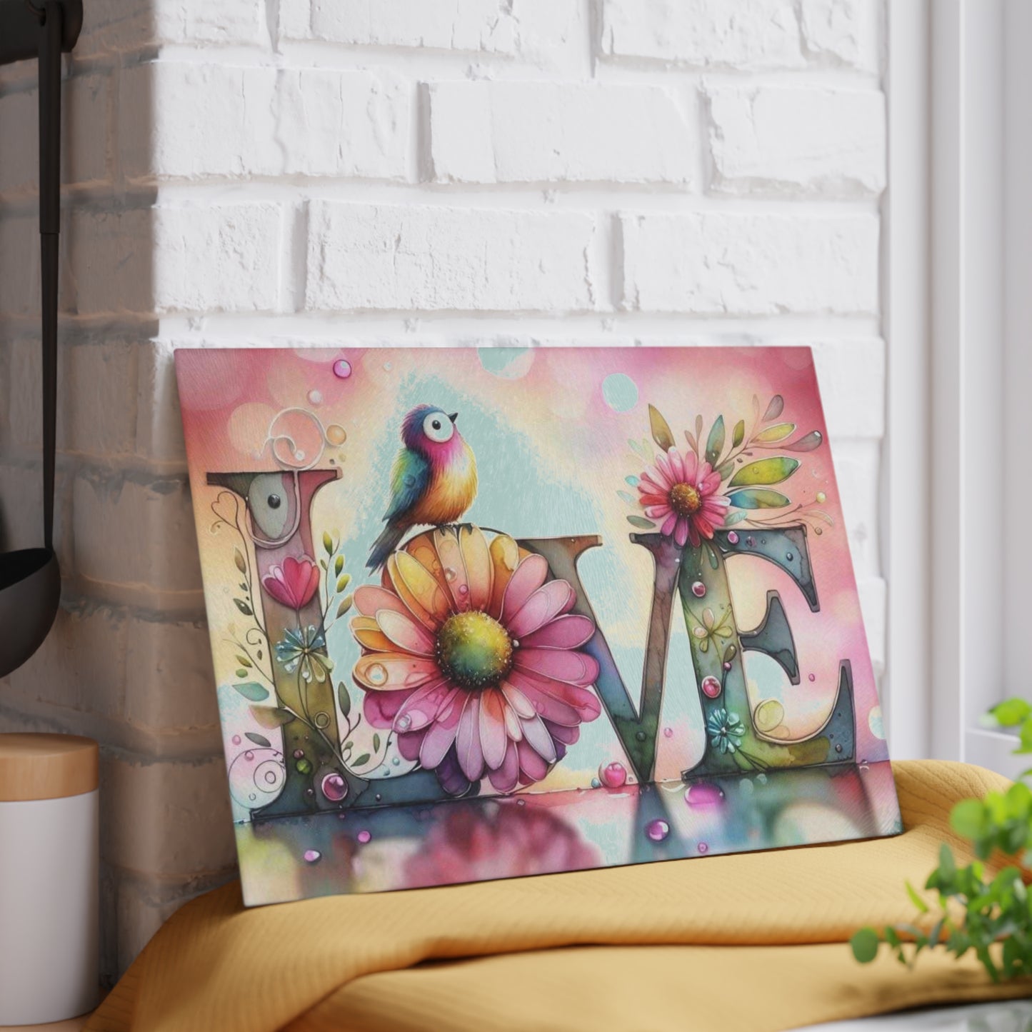 Tabla de cortar, diseño de amor con pájaros y girasoles, decoración de cocina, bandeja de vidrio para servir, regalo de inauguración de la casa, utensilio de cocina