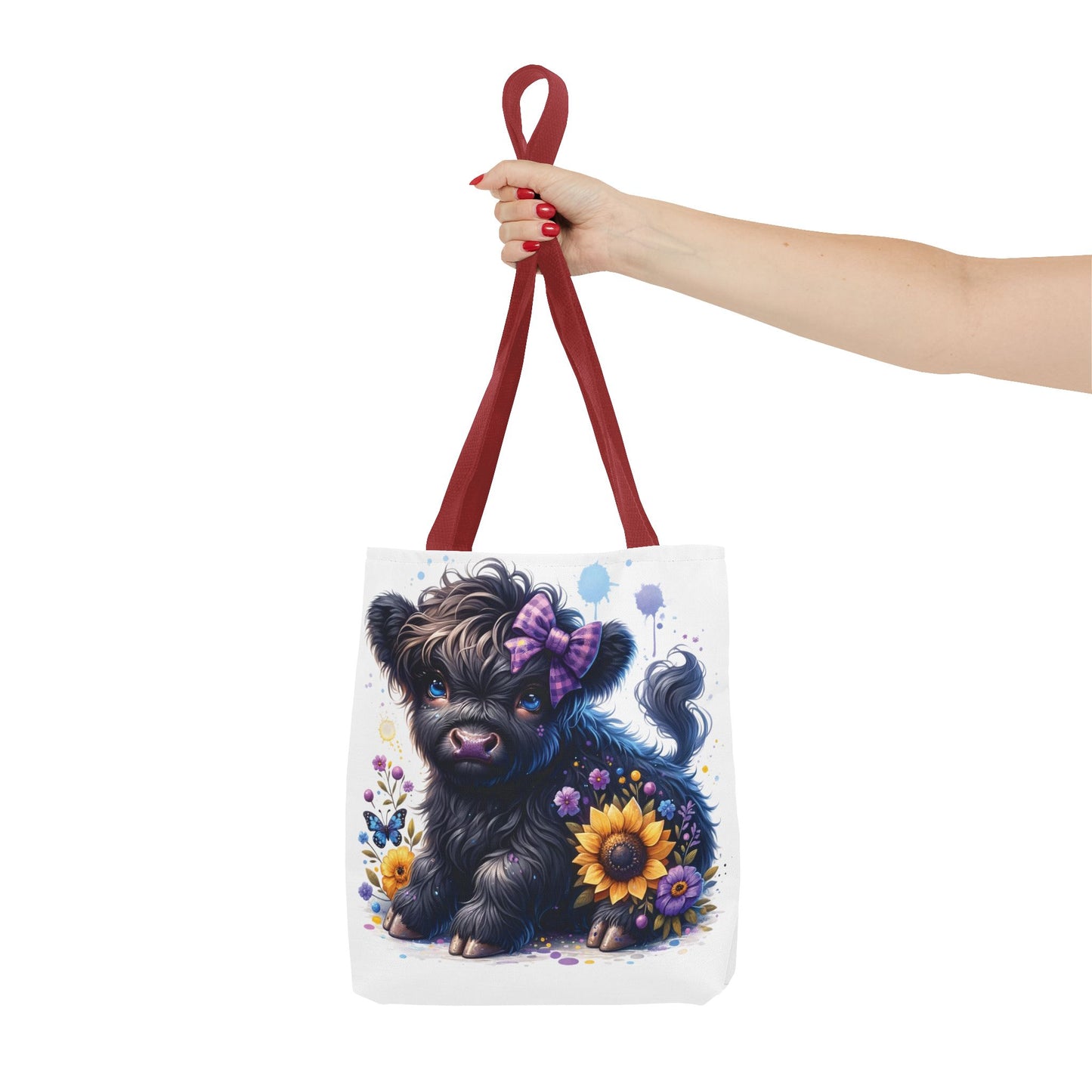 💜 Purple Bow Black Highland Calf Tote Bag – Country Charm with a Pop of Color 🐮👜