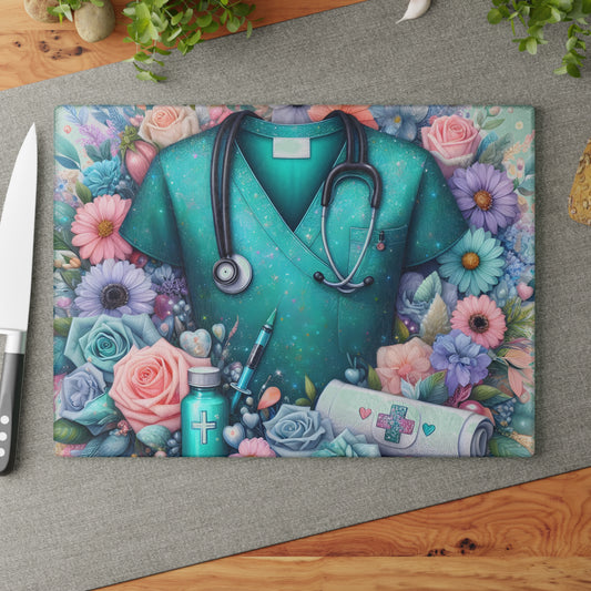 Nurse Scrubs and Florals Cutting Board – Medical Elegance with Heartfelt Style