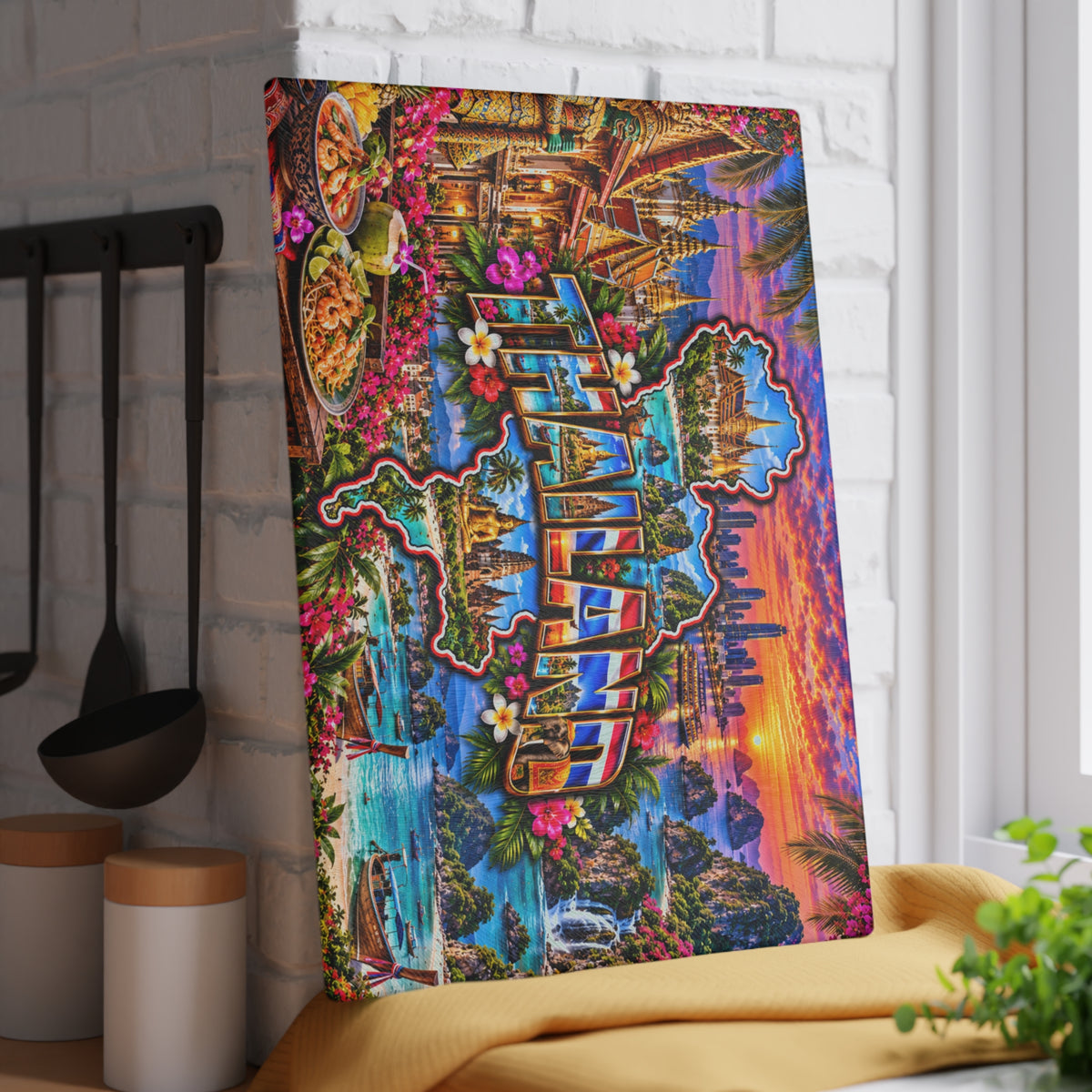 Thailand Map Cutting Board – Colorful Thai Temples, Tropical Islands, Golden Buddha, Waterfalls & Scenic Kitchen Décor