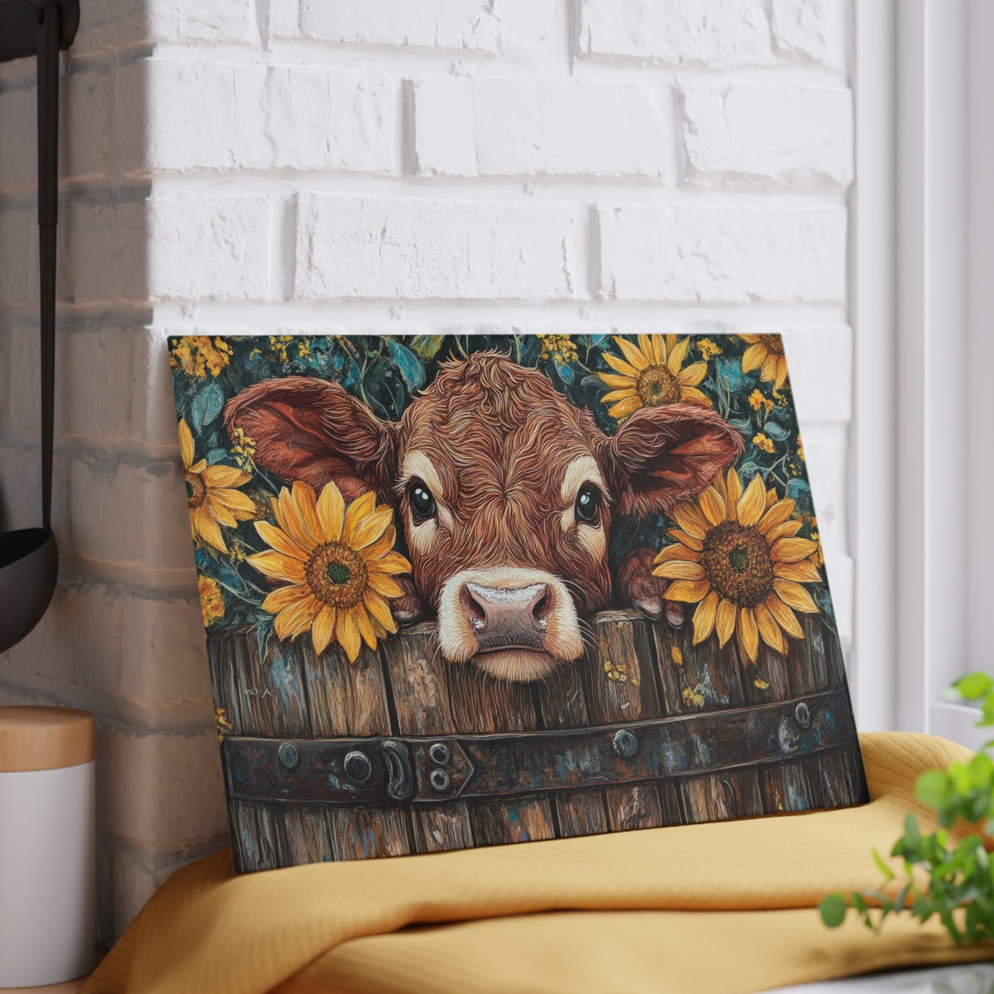 🐮🌻 Rustic Sunflower Calf Cutting Board – Farmhouse Charm for Your Kitchen 🌾