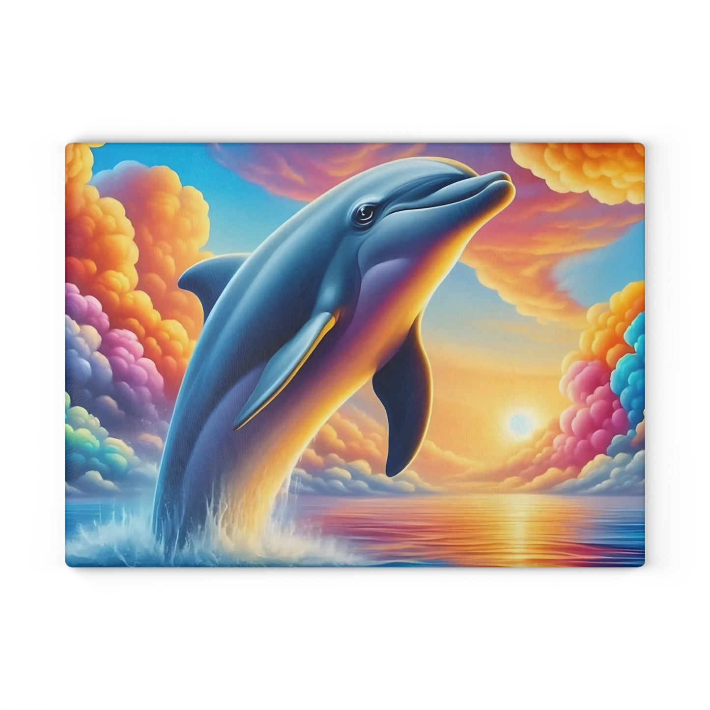 Happy Dolphin & Rainbow-Colored Clouds Glass Cutting Board – Whimsical Ocean Kitchen Art