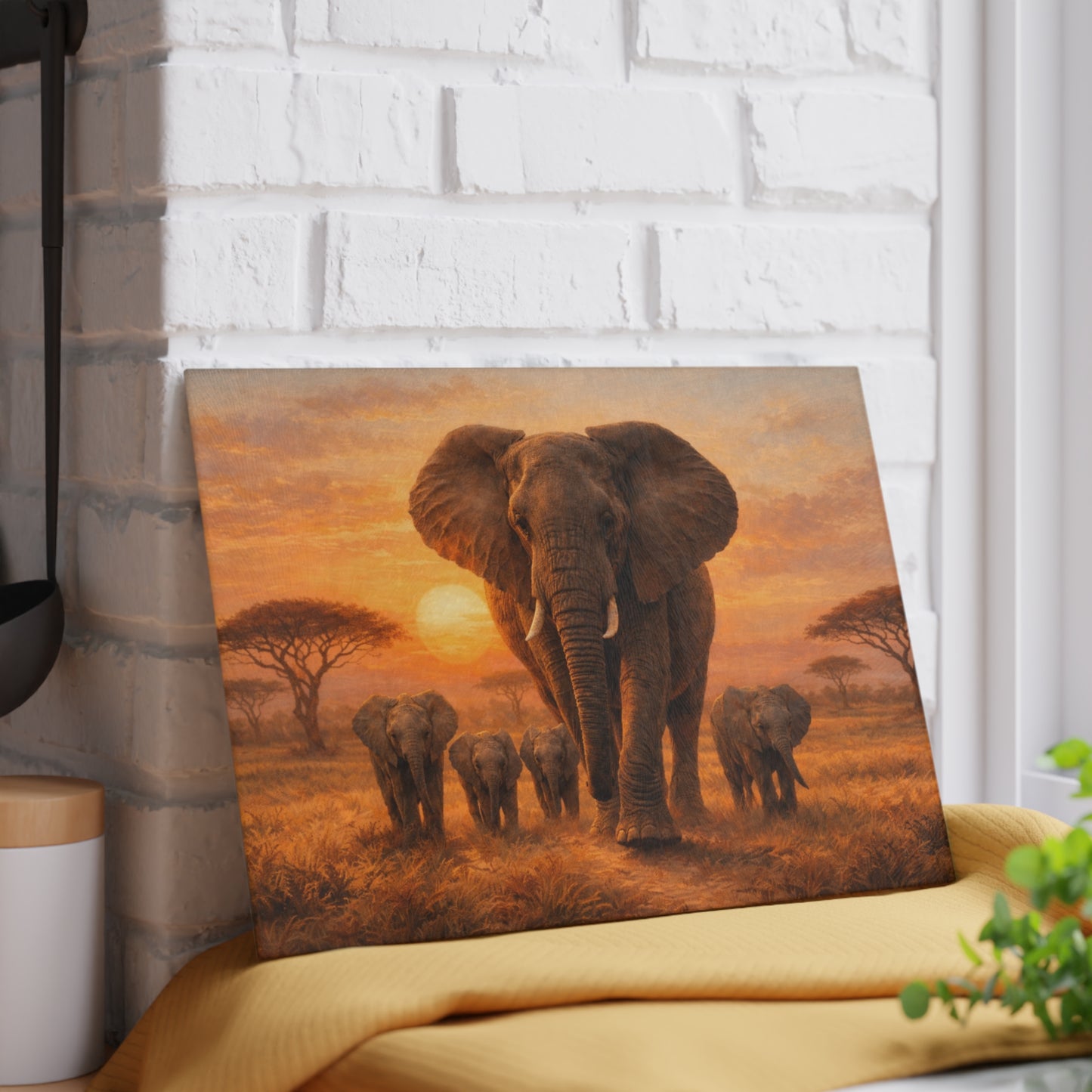 Elephant Family Sunset Safari Glass Cutting Board – Majestic Wildlife Landscape Kitchen Art