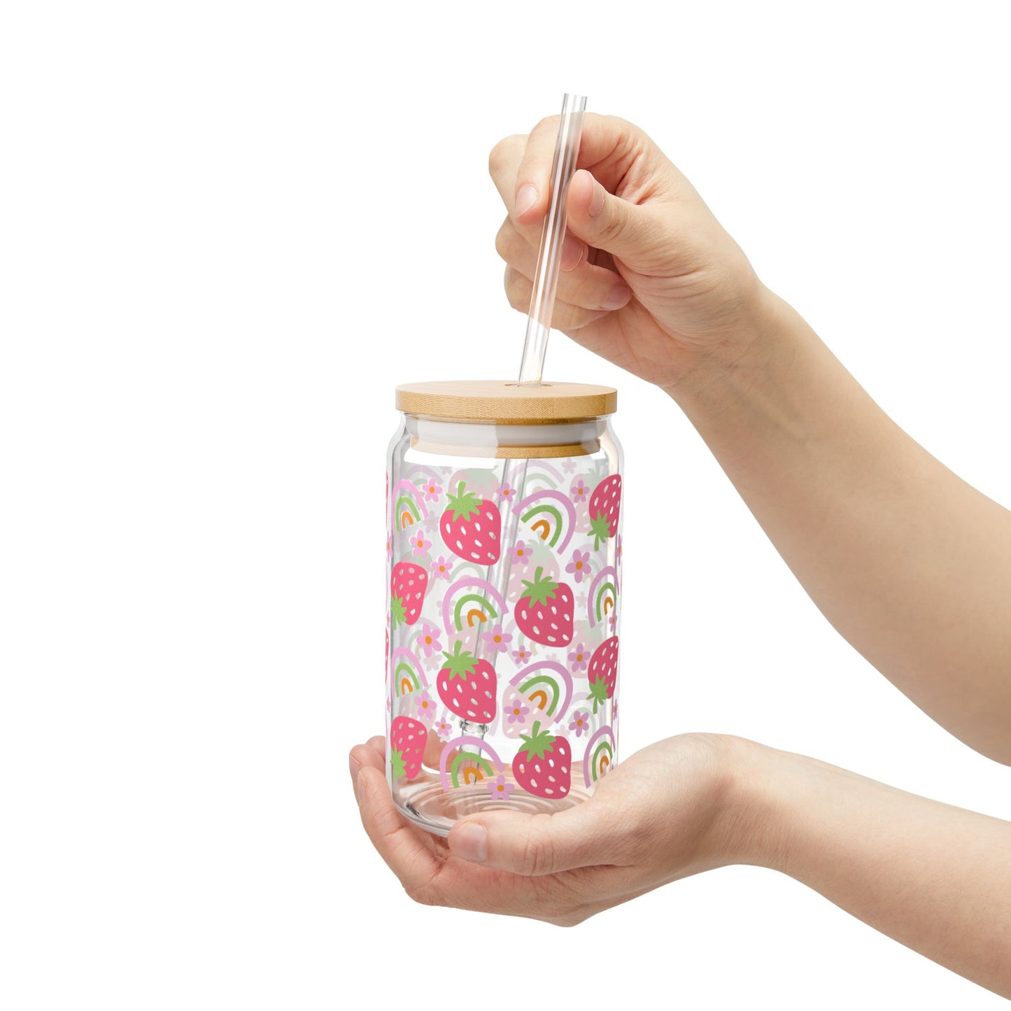 🍓🌈 Strawberry Rainbow Sipper Glass – 16oz Cheerful Sips for Sunshine Days ☀️💖
