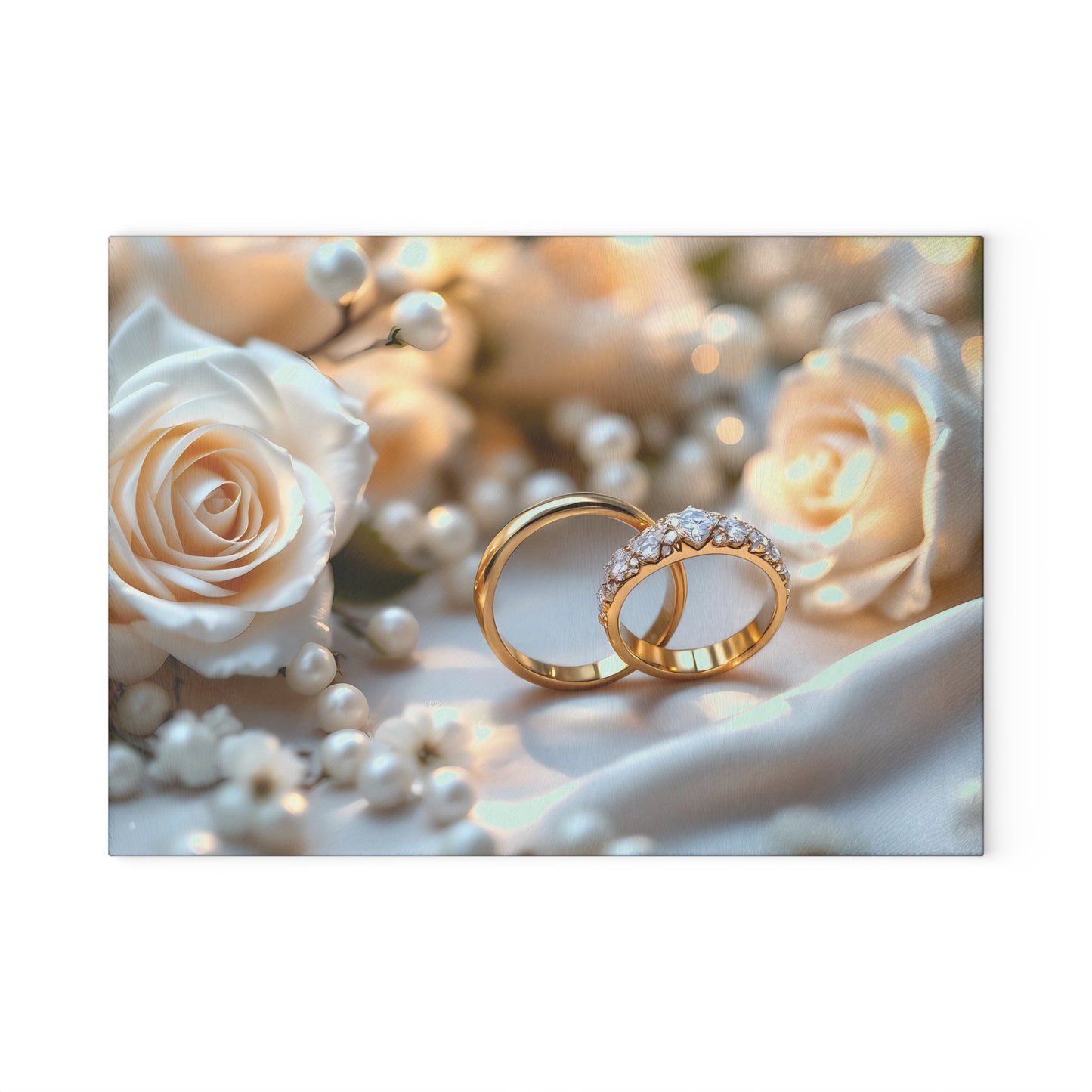 💒 White Rose & Gold Rings Cutting Board – Timeless Elegance for Weddings & Love