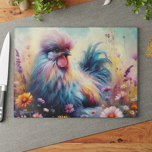 🌸🐔 Chicken in a Field of Wildflowers Glass Cutting Board – Serene & Charming Kitchen Accent