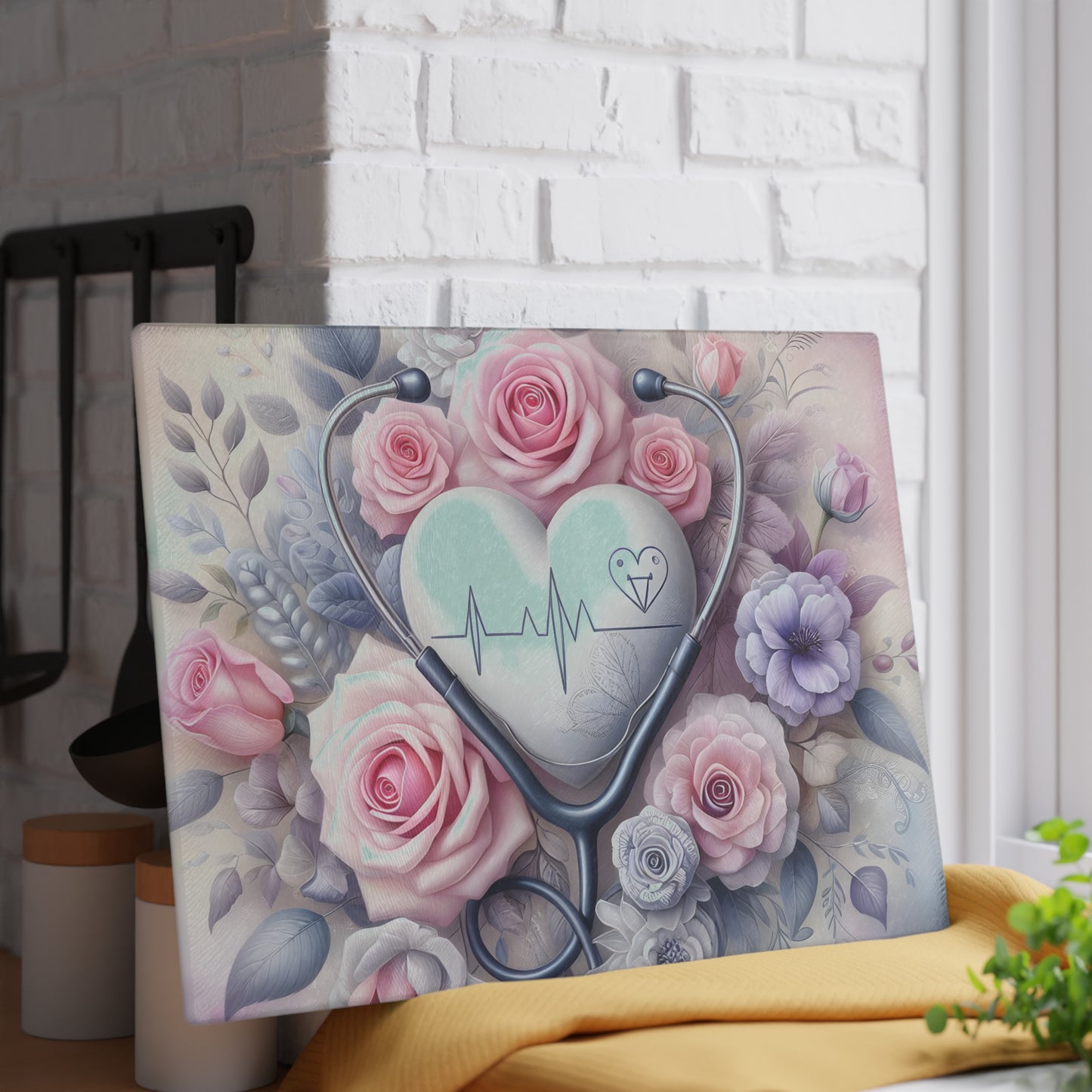 🩺 Nurse Heartbeat Floral Cutting Board – Elegant Medical-Inspired Kitchen Décor 🌸