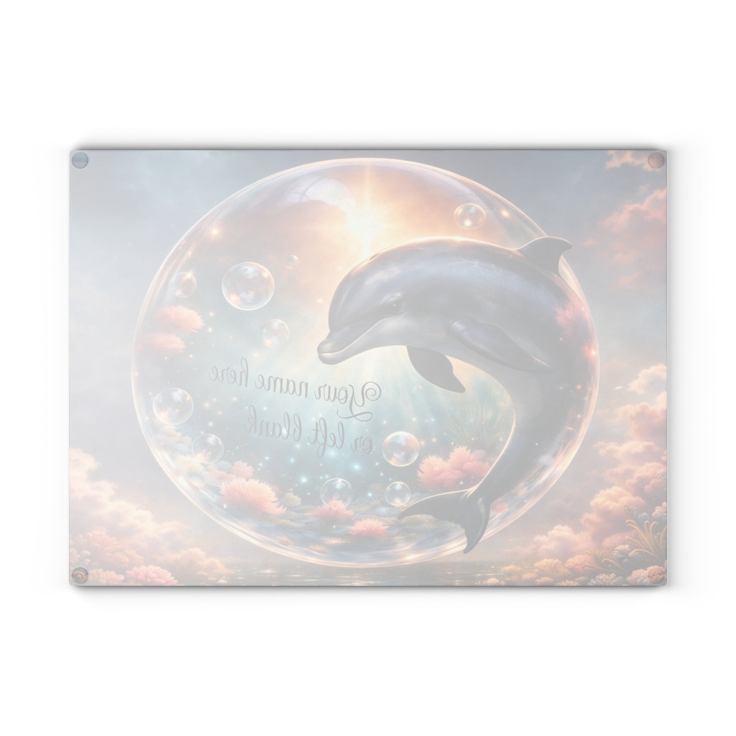 Dolphin Ocean Dream Glass Cutting Board – Personalized Coastal Kitchen Decor with Bubbles and Coral Reef Design