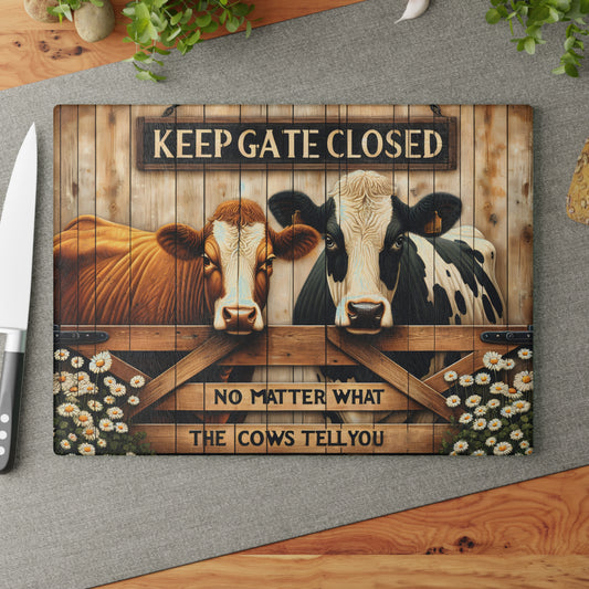 🐮 Keep Gate Closed Cow Cutting Board – Funny Farmhouse Charm for Your Kitchen