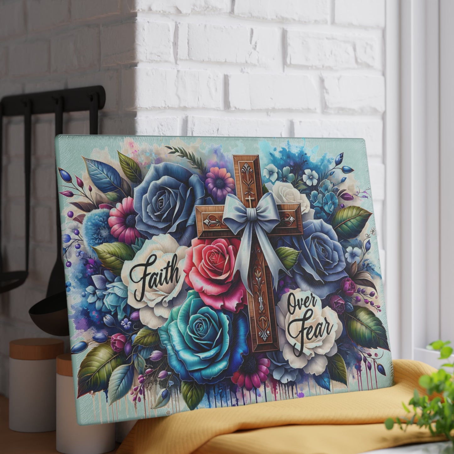 ✝️ Faith Over Fear Floral Cross Cutting Board – Christian Kitchen Inspiration with Roses & Watercolor Style