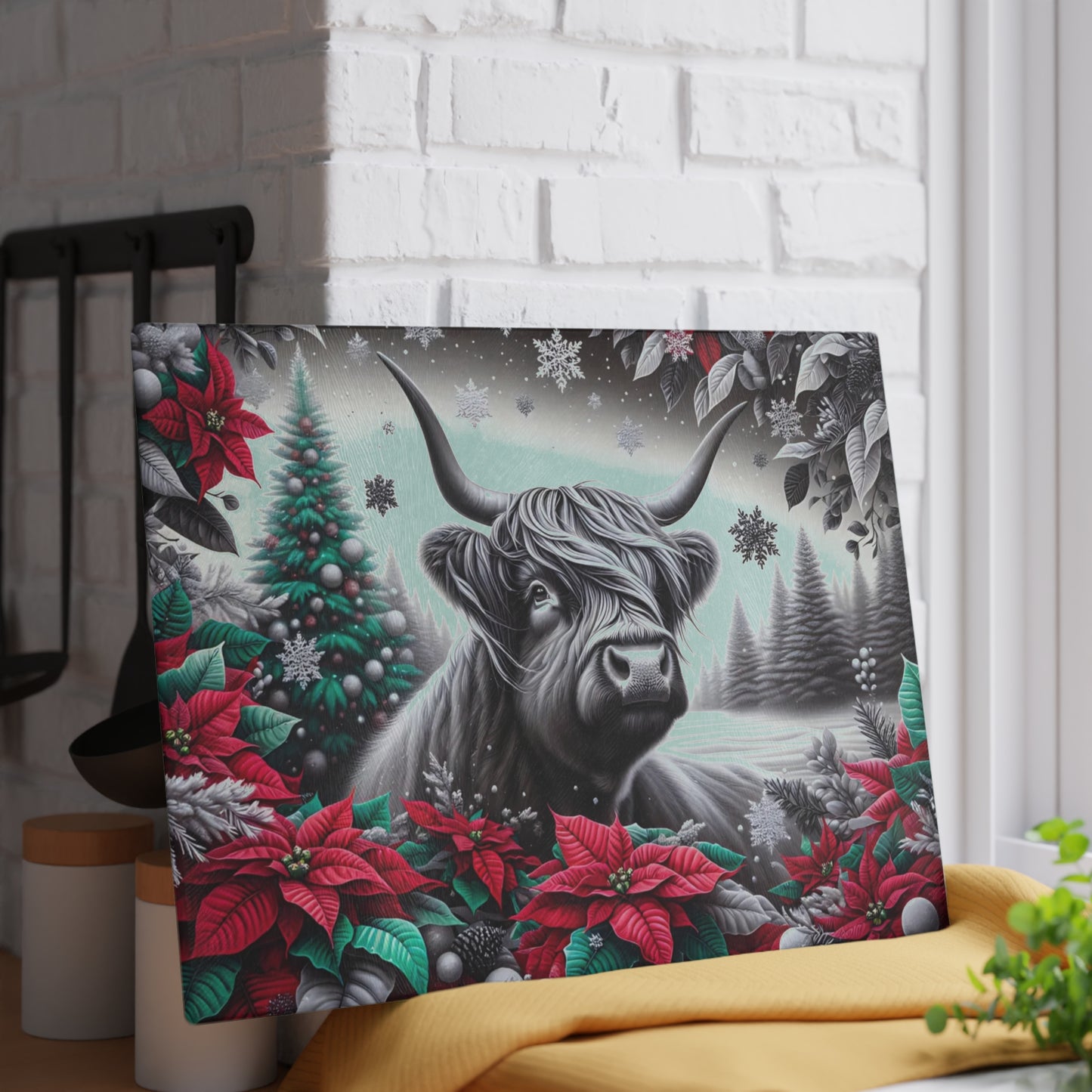 🐮❄️ “Winter Highland Cow” Glass Cutting Board – Rustic Christmas Charm for Your Kitchen