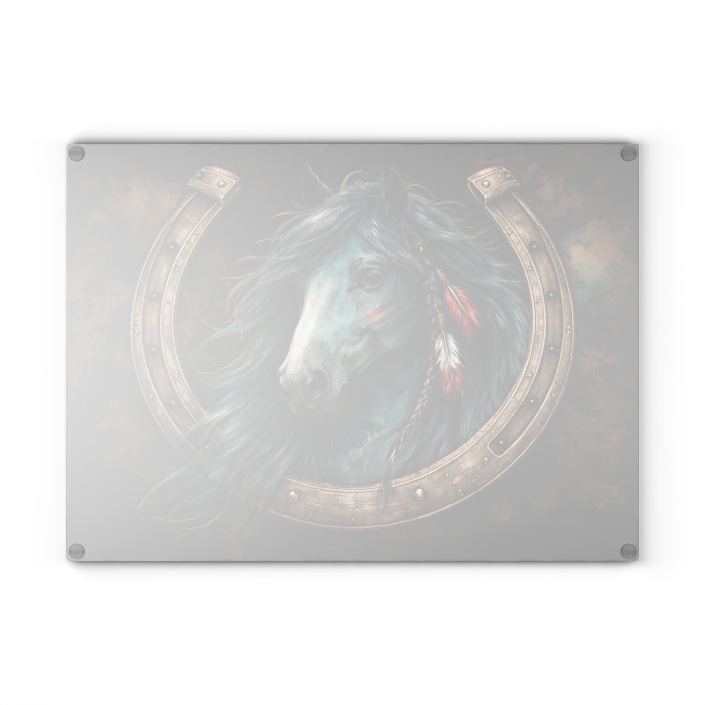 Spirit Horse Horseshoe Glass Cutting Board – Western Equine Art with Rustic Strength