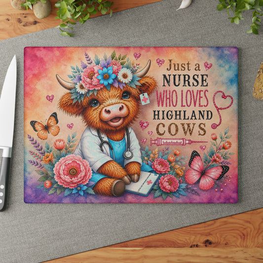 Nurse Highland Cow Glass Cutting Board – Colorful Floral Nurse Gift with Butterflies & Medical Theme