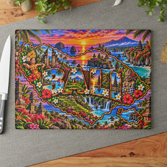 Bali Glass Cutting Board – Tropical Island Map, Balinese Temples, Rice Terraces, Waterfalls & Sunset Kitchen Décor