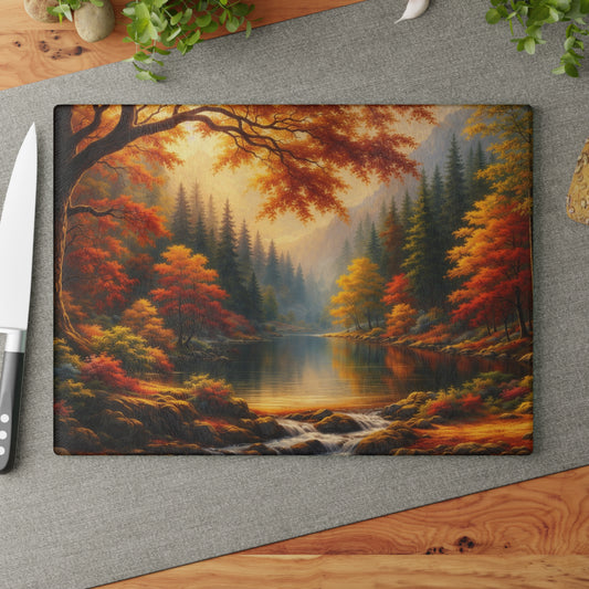 Autumn Forest Lake Glass Cutting Board – Warm Fall Landscape Kitchen Art