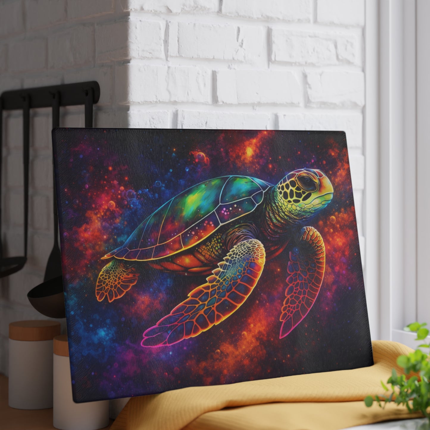 Cosmic Journey Glass Cutting Board – Vibrant Space Turtle Artwork