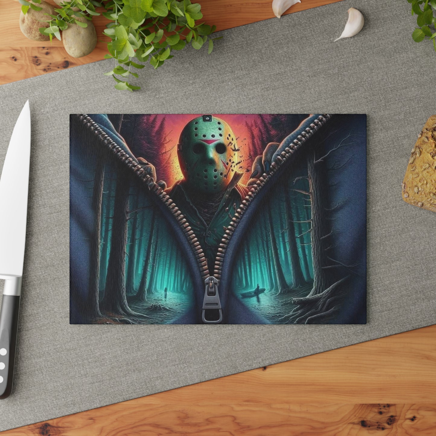 🪓 Masked Forest Horror Cutting Board – Slice Into Style with Creepy Vibes