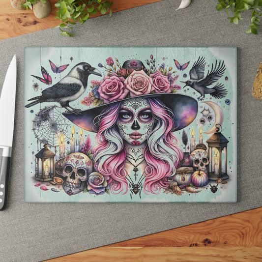 💀🌸 Enchanting Sugar Skull Witch Cutting Board – Mystical Elegance for Your Kitchen 🌙🕯️