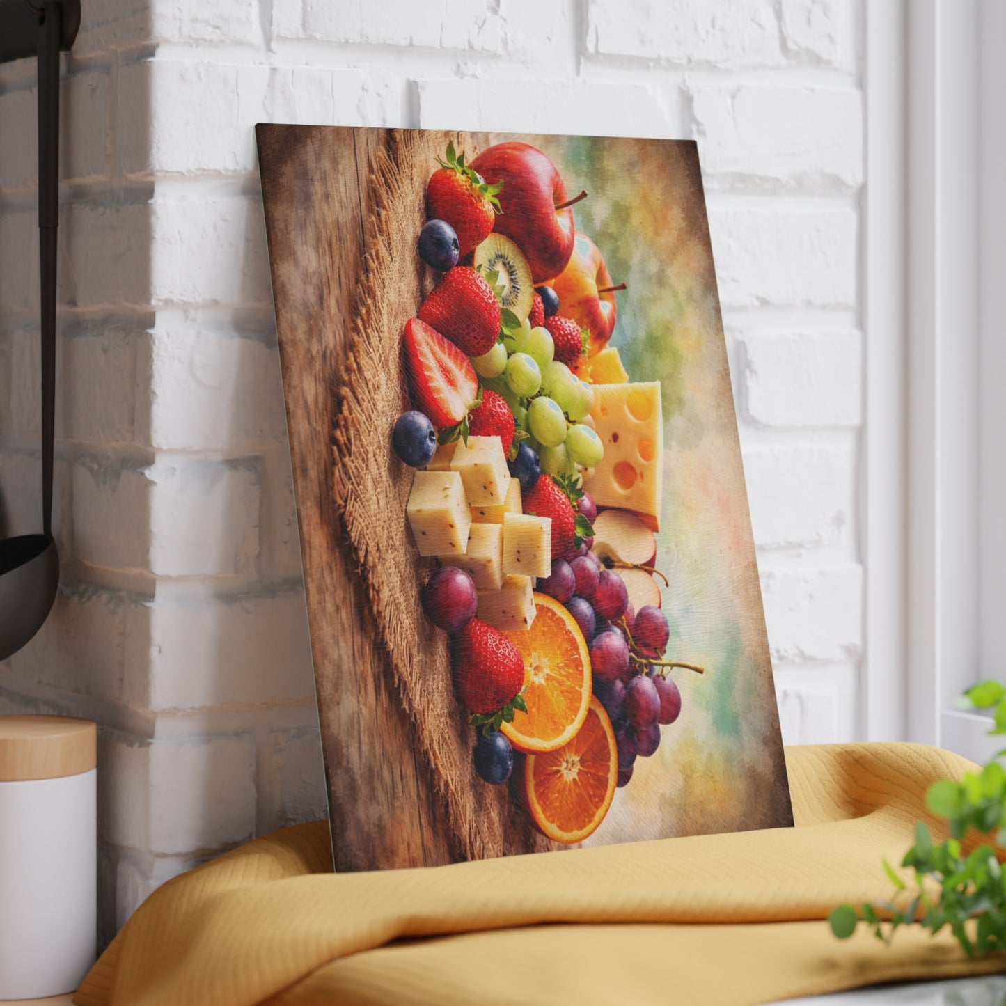 Farmhouse Fruit and Cheese Still Life Glass Cutting Board – Rustic Kitchen Art with Vibrant Harvest Colors