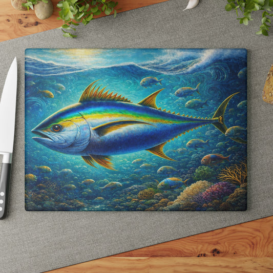 Majestic Ocean Current Fish Glass Cutting Board – Vivid Underwater Reef Artwork