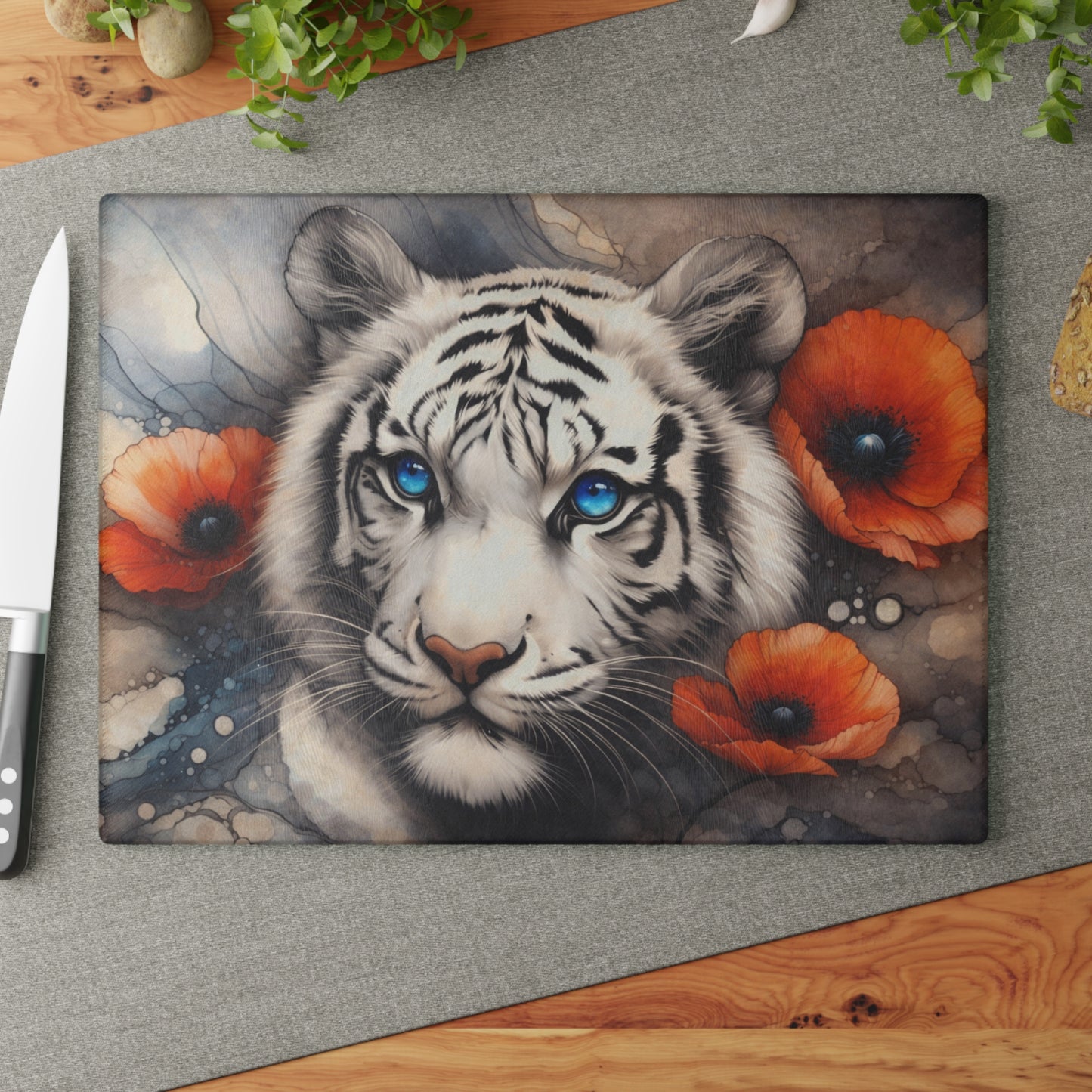 White Tiger with Blue Eyes Glass Cutting Board – Elegant Wildlife Floral Artwork