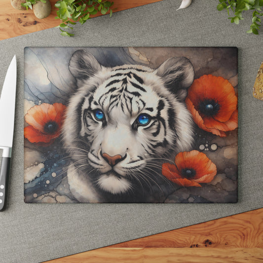 White Tiger with Blue Eyes Glass Cutting Board – Elegant Wildlife Floral Artwork