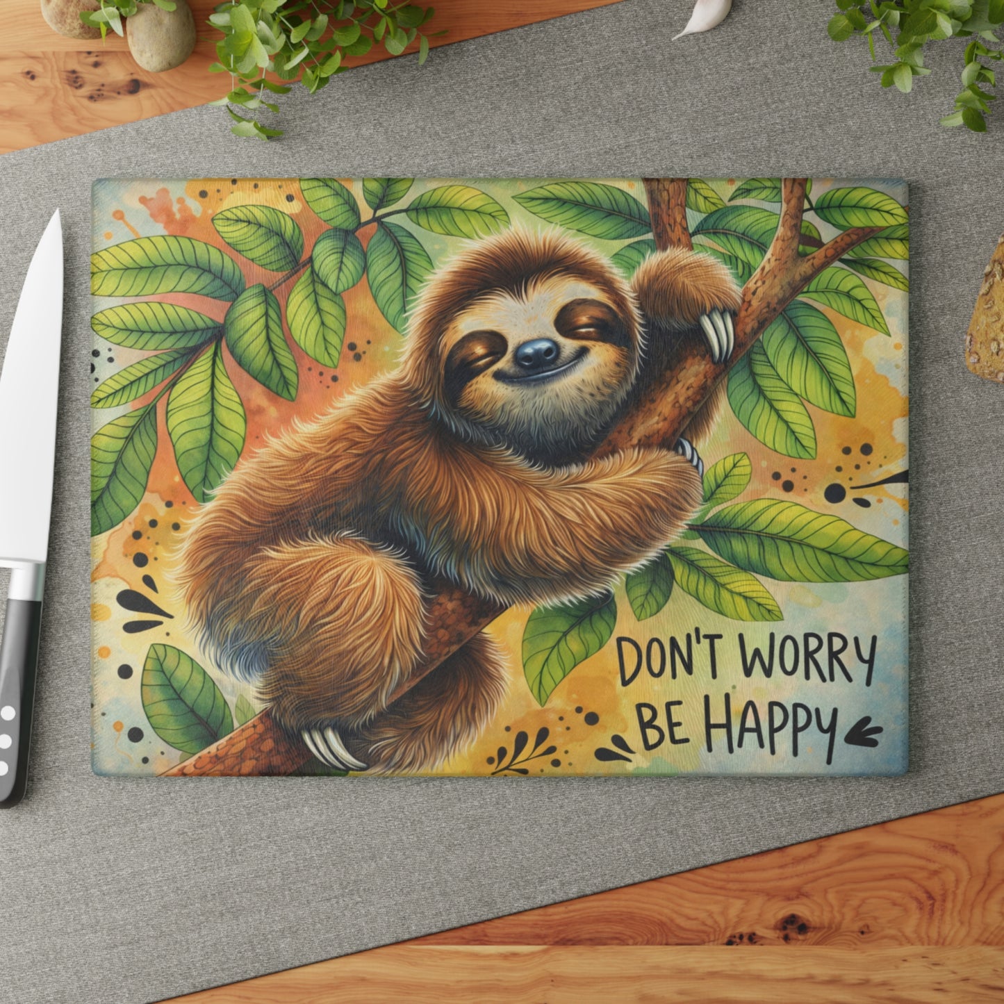Don’t Worry Be Happy Glass Cutting Board – Whimsical Sloth Artwork