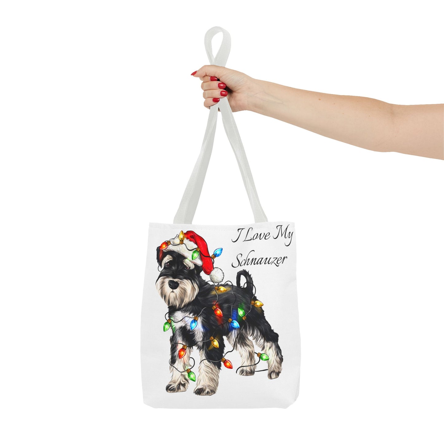 🎄 I Love My Schnauzer Tote Bag – Christmas Lights & Holiday Woofs 🐾