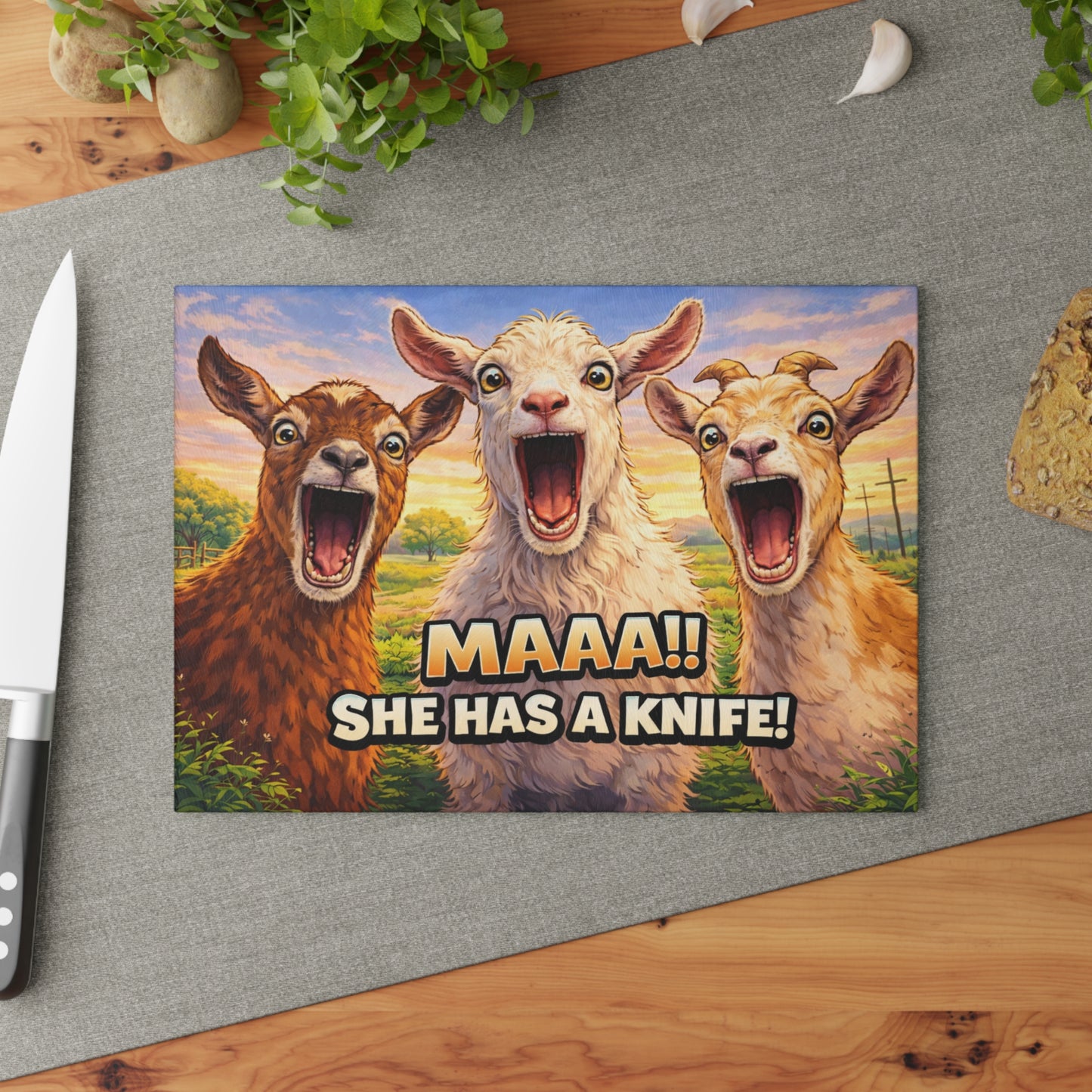 Maaa! She Has a Knife Glass Cutting Board – Funny Goat Farm Kitchen Art Display