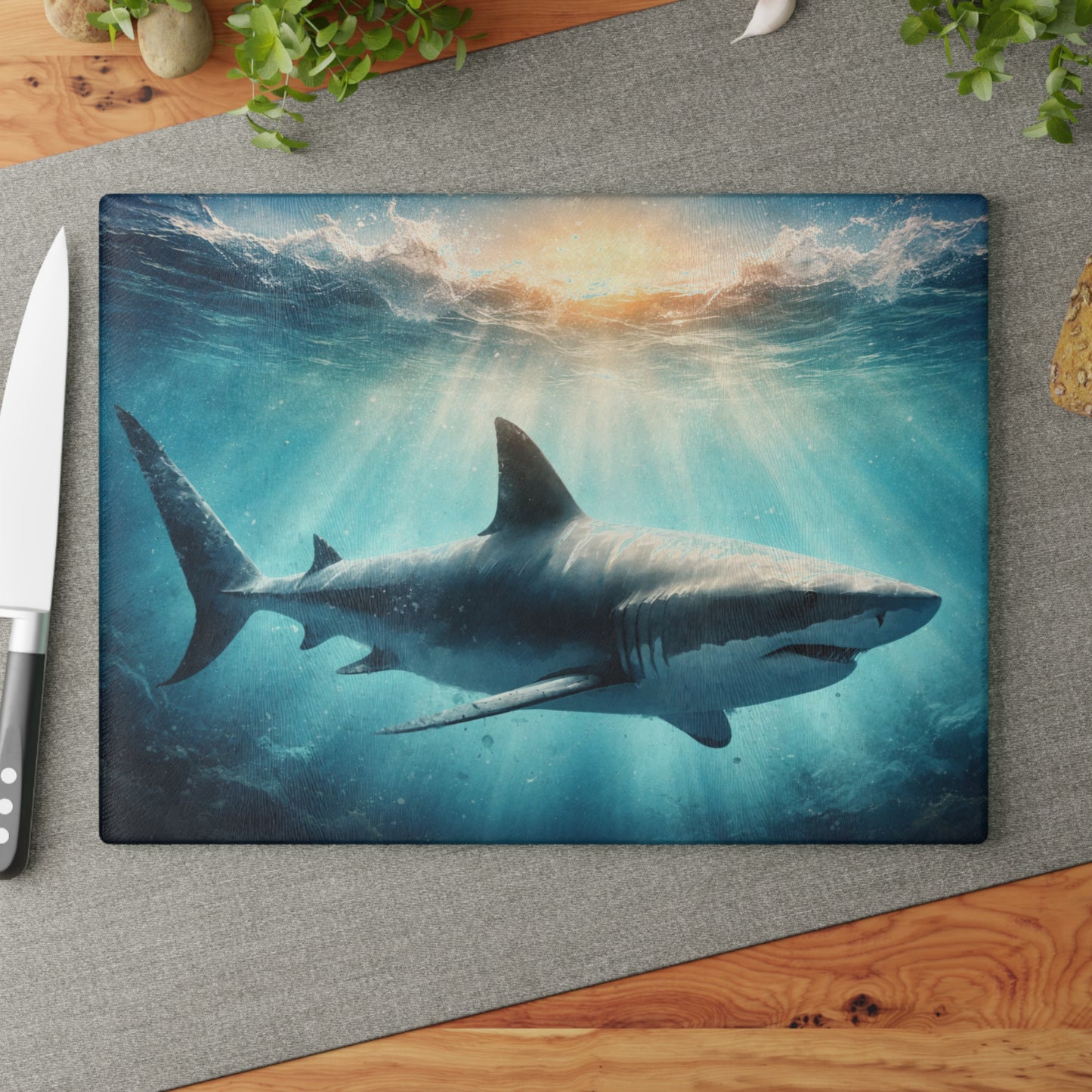 Ocean Guardian Glass Cutting Board – Majestic Shark in Sunlit Blue Waters