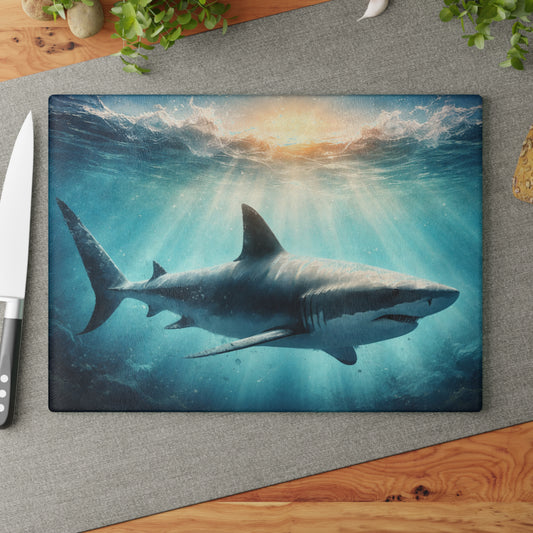 Ocean Guardian Glass Cutting Board – Majestic Shark in Sunlit Blue Waters