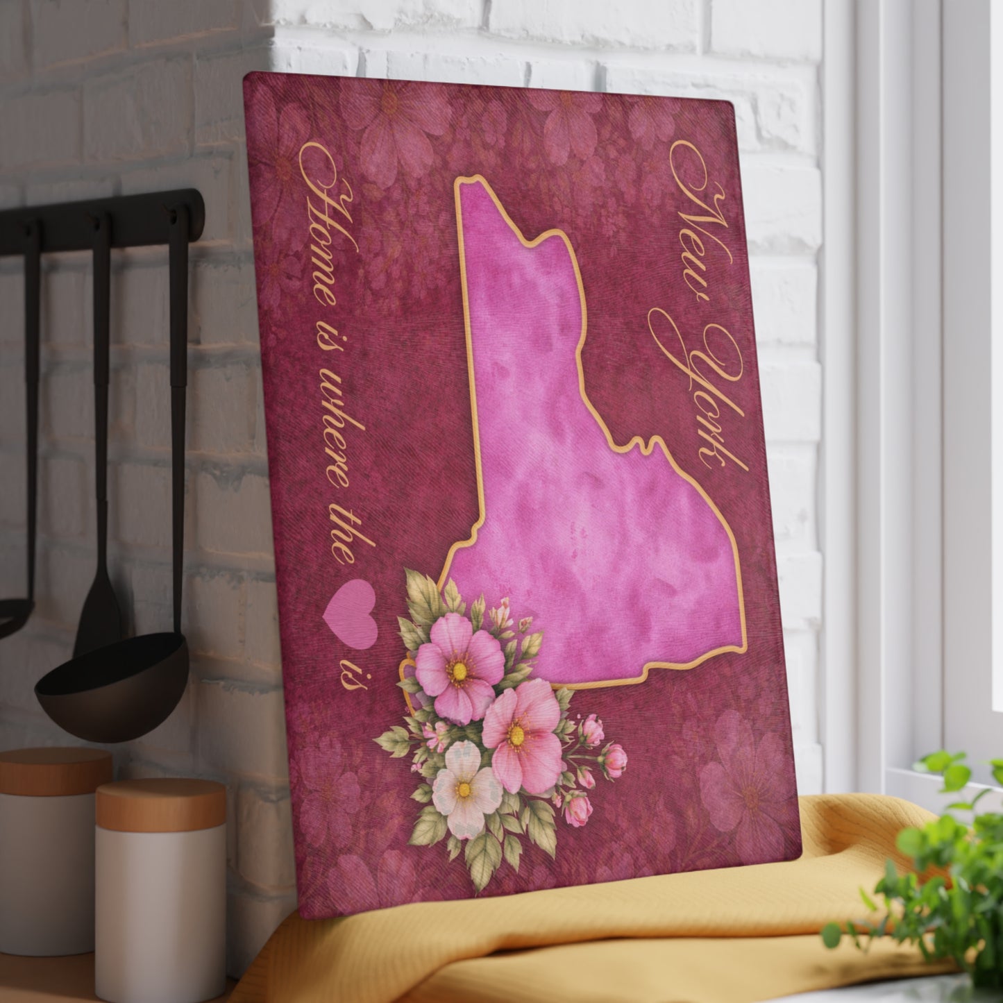 New York State Home is Where the Heart Is Glass Cutting Board – Floral State Pride Kitchen Decor